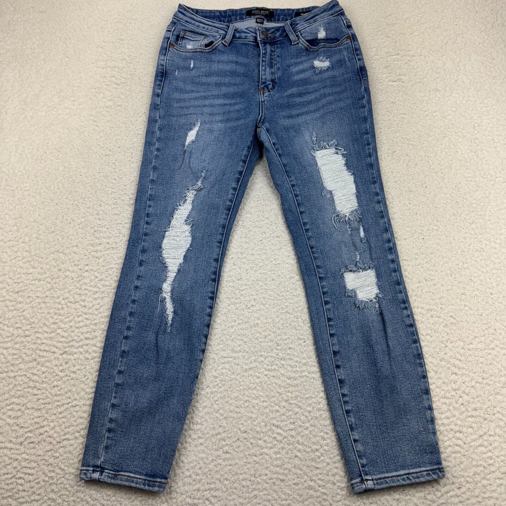 Judy Blue Jeans Womens 5/27 Destroyed Relaxed Fit‎ Skinny Stretch Denim Blue